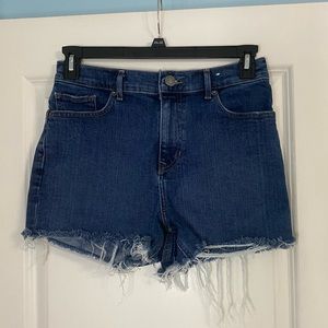 Express Dark Wash MIDI High Rise Jean Shorts